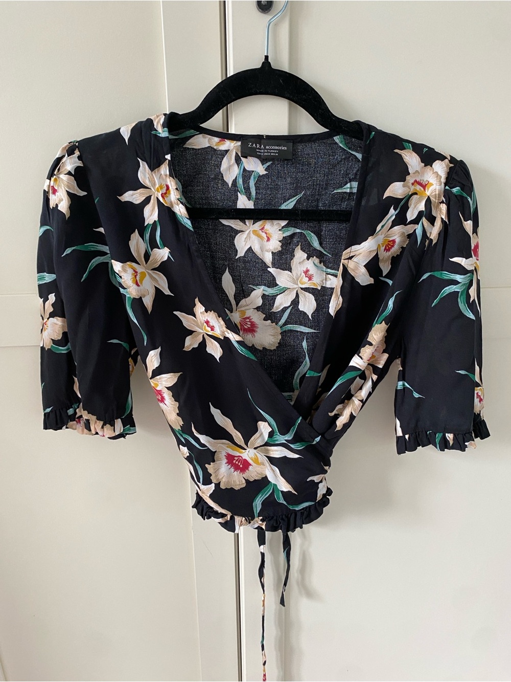 ZARA Black Floral Print Wrap Summer Top Size M